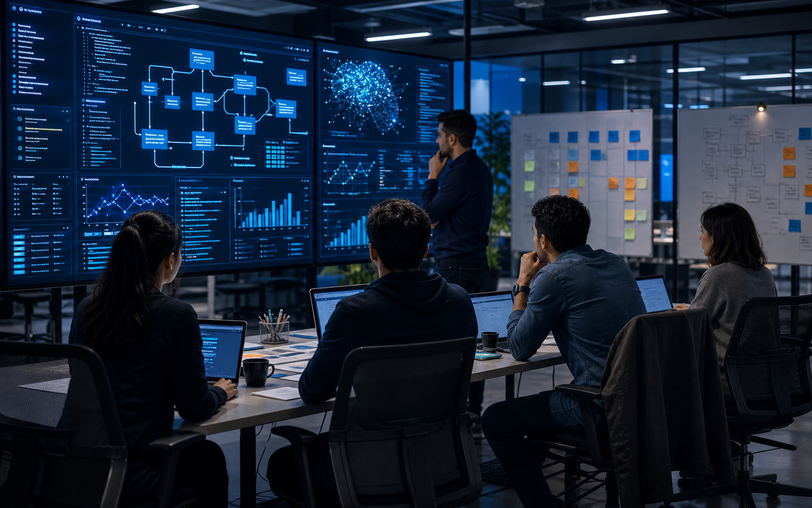 Product engineering team planning AI workflow architecture in a modern software studio.