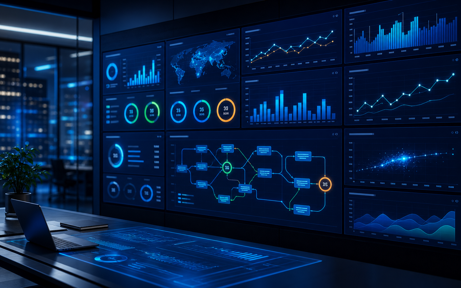 Business analytics dashboards showing AI automation outcomes and performance metrics.