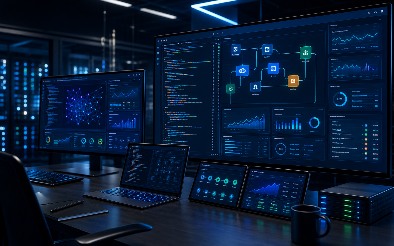 AI software engineering command center with code, ML monitoring, and automation workflows.