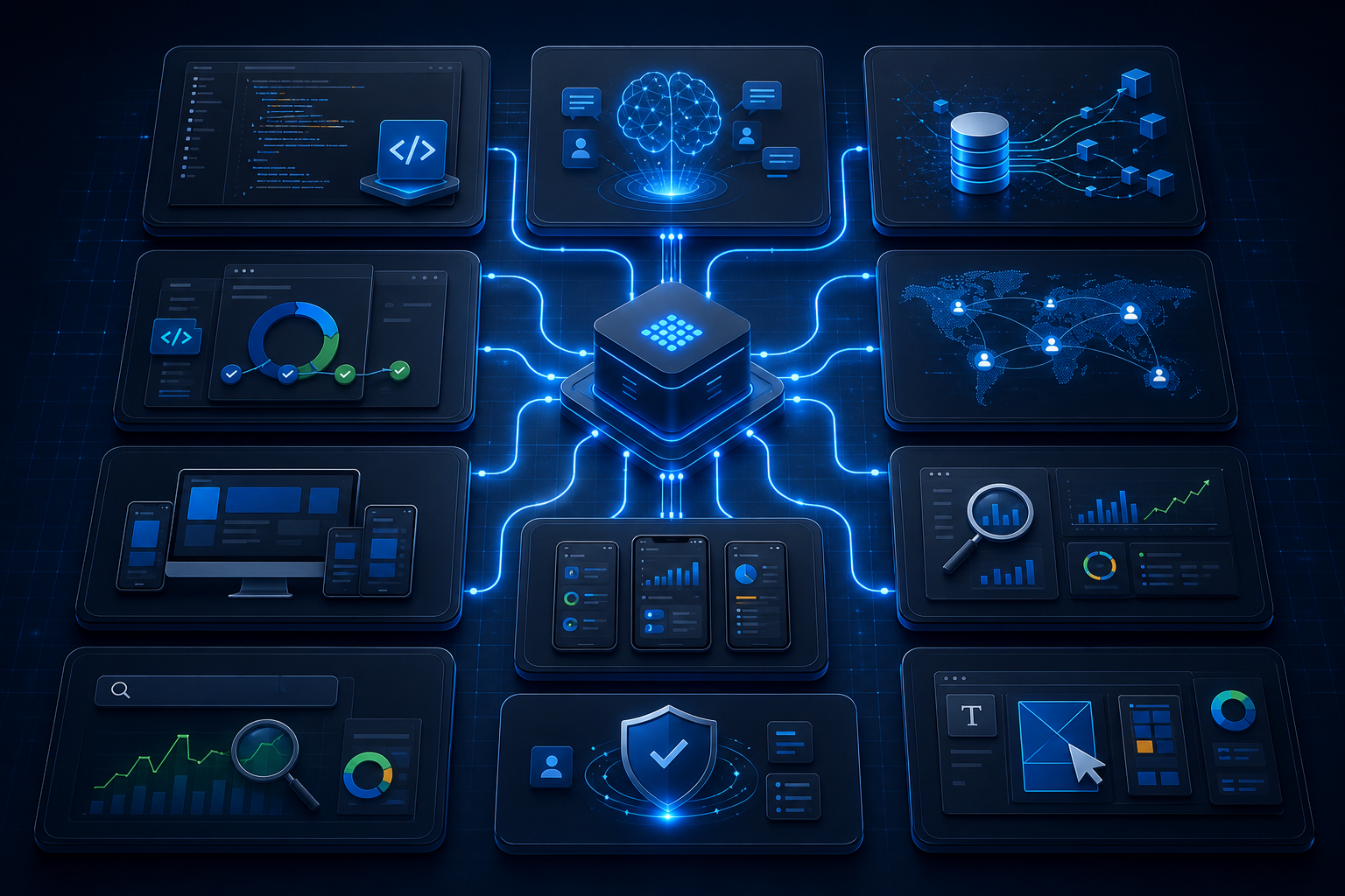 Connected enterprise software service architecture with AI, data, web, mobile, and analytics modules.